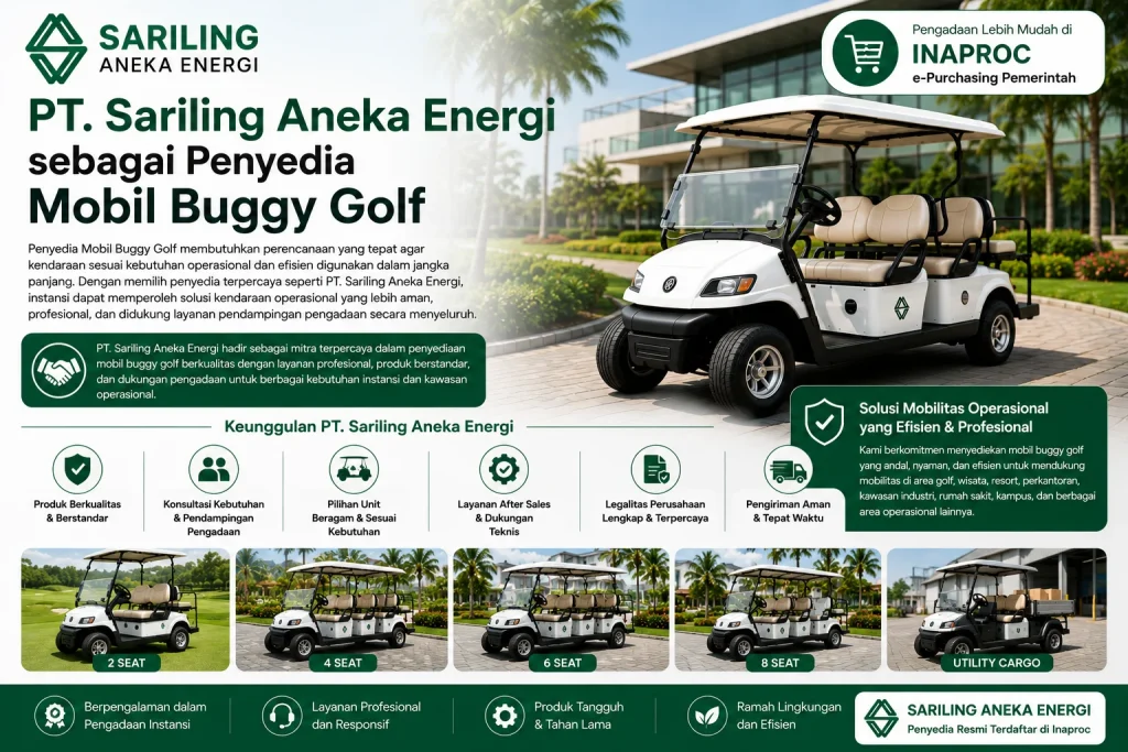 PT Sariling Aneka Energi sebagai penyedia mobil buggy golf resmi di Inaproc dengan pilihan kendaraan operasional 2 seat, 4 seat, 6 seat, 8 seat, dan utility cargo untuk kebutuhan instansi dan kawasan operasional.