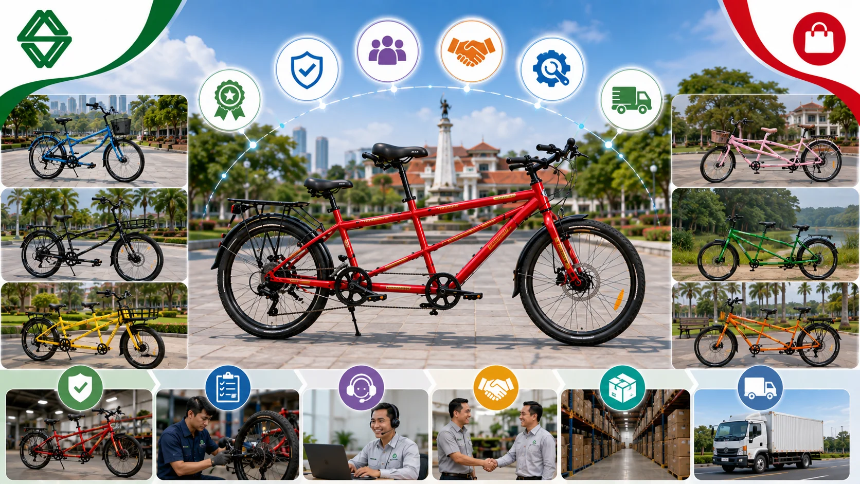 Ilustrasi rekomendasi sepeda tandem dari Sariling Aneka Energi yang menampilkan berbagai model sepeda tandem sebagai pilihan utama, dengan unit sepeda tandem berwarna merah sebagai fokus di tengah, didukung layanan inspeksi, konsultasi, pergudangan, dan distribusi