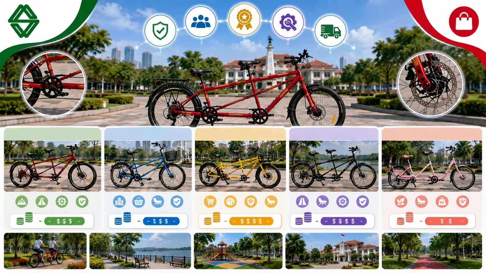 Ilustrasi rekomendasi tipe sepeda tandem dan kisaran harga yang menampilkan berbagai model sepeda tandem dengan desain berbeda sebagai pilihan untuk kebutuhan fasilitas publik, kawasan wisata, taman kota, dan instansi pemerintah. Unit sepeda tandem ditampilkan dengan detail komponen seperti rangka, sistem pengereman, dan roda.