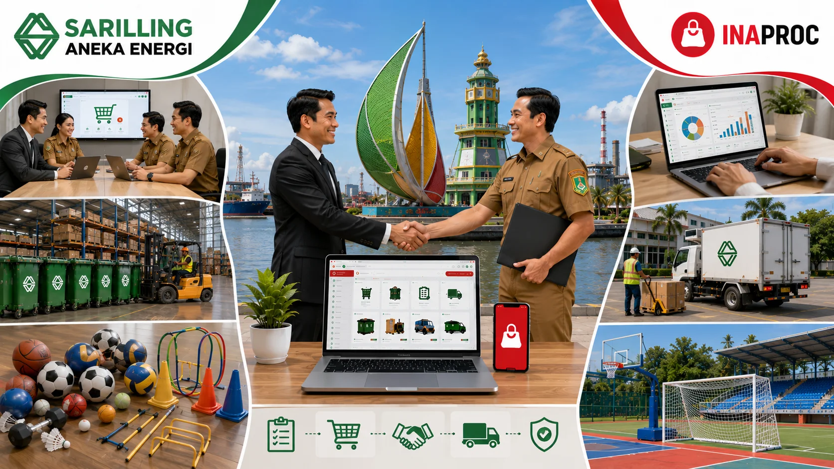 Ilustrasi Sariling Aneka Energi sebagai mitra pengadaan Inaproc Kota Dumai yang menampilkan kerja sama antara penyedia dan instansi pemerintah, penggunaan platform e-katalog, aktivitas logistik dan distribusi barang, gudang penyimpanan, perlengkapan olahraga, serta ikon Kota Dumai sebagai latar belakang