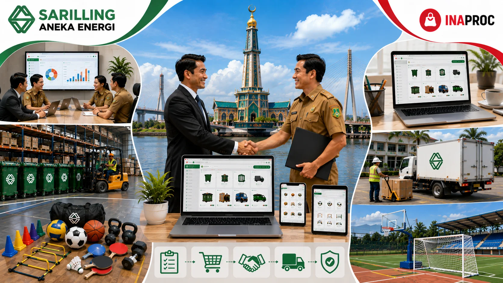 Ilustrasi solusi pengadaan Inaproc Kota Dumai bersama Sariling Aneka Energi yang menampilkan kerja sama antara penyedia dan instansi pemerintah