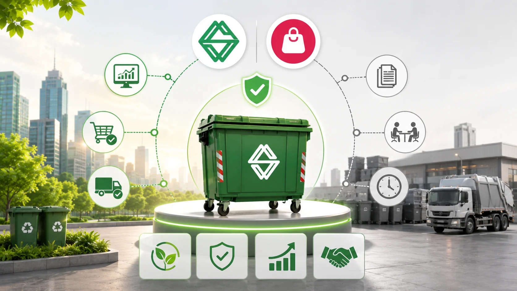 Ilustrasi solusi pengadaan kontainer sampah yang lebih efektif melalui Inaproc dengan logo Sariling Aneka Energi dan Inaproc, menampilkan kontainer sampah modern, proses pengadaan digital, distribusi efisien, dan pengelolaan lingkungan yang berkelanjutan.
