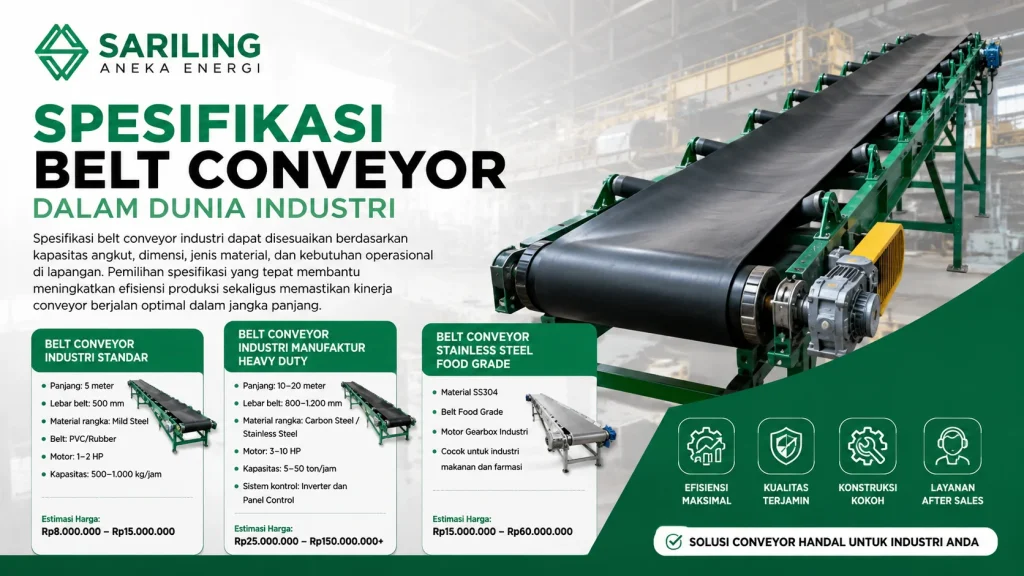 Feature image Spesifikasi Belt Conveyor Dalam Dunia Industri dari Sariling Aneka Energi menampilkan belt conveyor industri standar, heavy duty manufaktur, dan stainless steel food grade beserta spesifikasi kapasitas, material, dan estimasi harga.