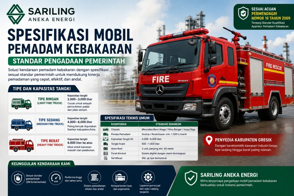 Spesifikasi mobil pemadam kebakaran standar pengadaan pemerintah dengan kapasitas tangki, pompa pemadam, dan sertifikasi SNI untuk kebutuhan instansi