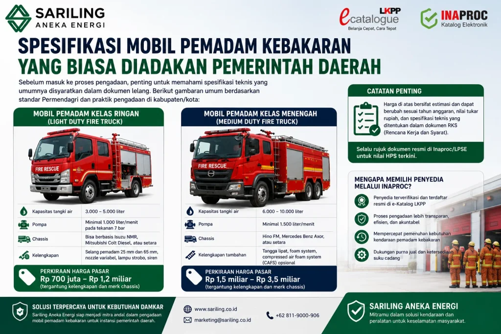 Spesifikasi mobil pemadam kebakaran yang biasa diadakan pemerintah daerah dengan kapasitas tangki, pompa, chassis, dan estimasi harga pengadaan melalui Inaproc