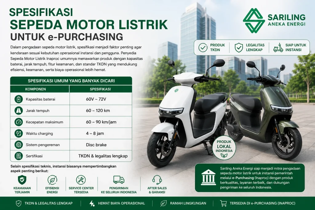 Spesifikasi sepeda motor listrik untuk e-Purchasing Inaproc dengan produk TKDN dari Sariling Aneka Energi
