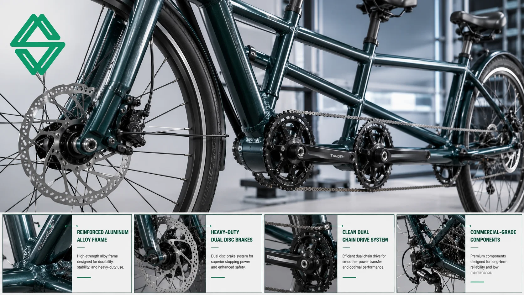 Close-up sistem mekanis sepeda tandem komersial yang menampilkan sambungan rangka aluminium alloy, rem cakram ganda, sistem rantai ganda, serta logo Sariling Aneka Energi sebagai penyedia sepeda tandem berkualitas.