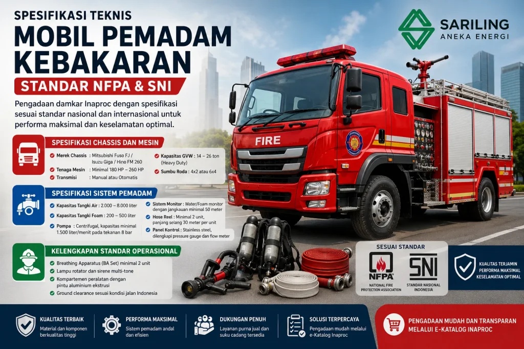 Spesifikasi teknis mobil pemadam kebakaran standar NFPA dan SNI untuk pengadaan damkar Inaproc bersama Sariling Aneka Energi