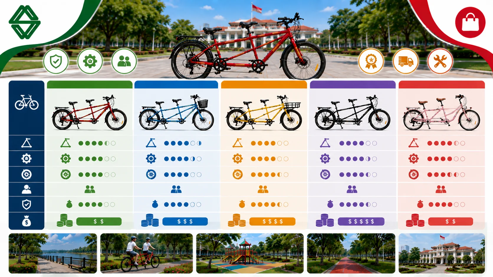Ilustrasi tabel perbandingan harga sepeda tandem yang menampilkan beberapa model sepeda tandem dengan desain, spesifikasi, dan kisaran harga yang berbeda untuk kebutuhan fasilitas publik, kawasan wisata, taman kota, serta instansi pemerintah
