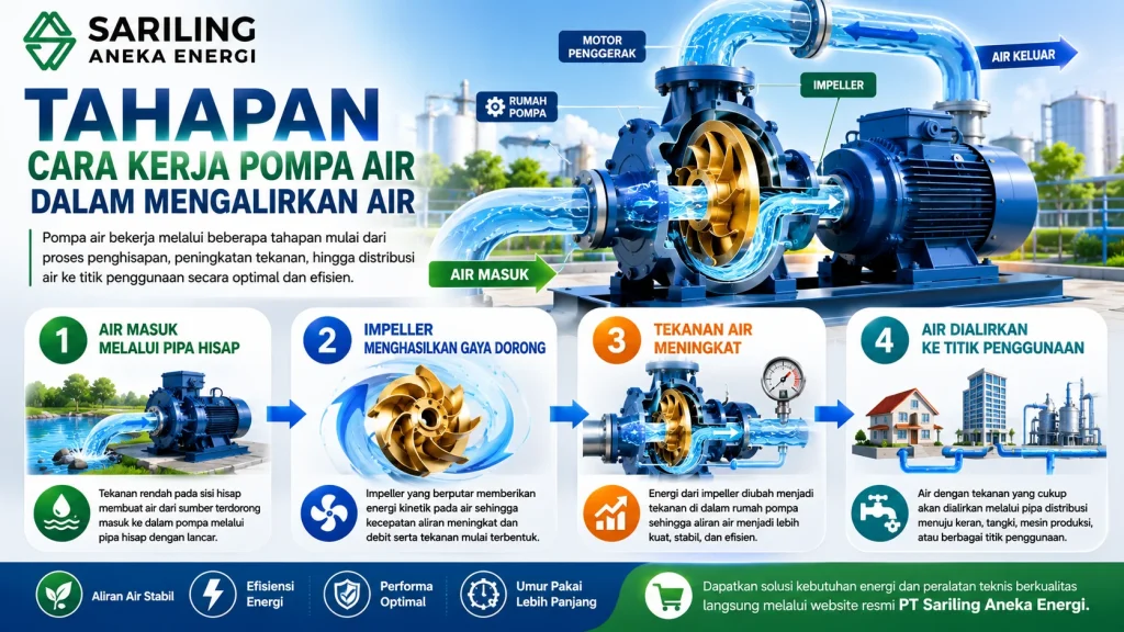 Tahapan cara kerja pompa air dalam mengalirkan air mulai dari pipa hisap, impeller, peningkatan tekanan, hingga distribusi air ke titik penggunaan dengan logo Sariling Aneka Energi