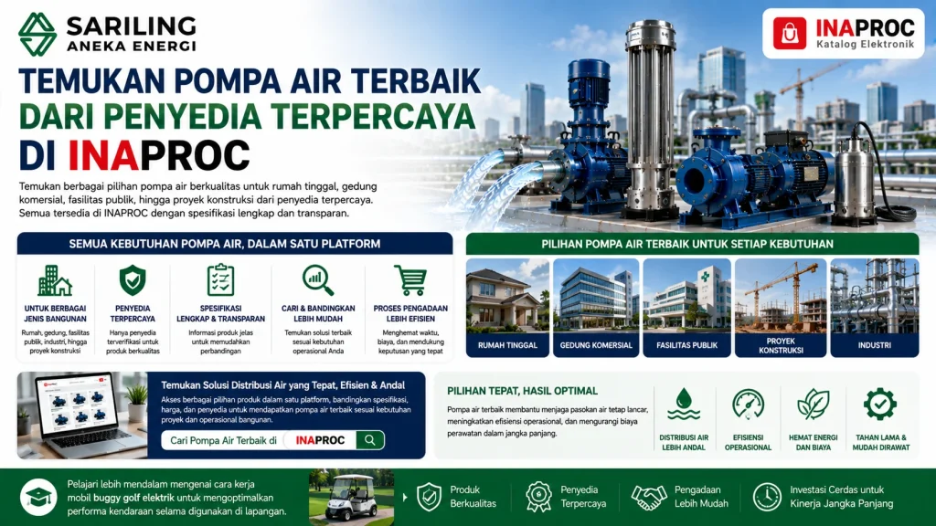 Pompa air terbaik dari penyedia terpercaya di INAPROC untuk rumah tinggal, gedung komersial, fasilitas publik, dan proyek konstruksi dengan logo Sariling Aneka Energi