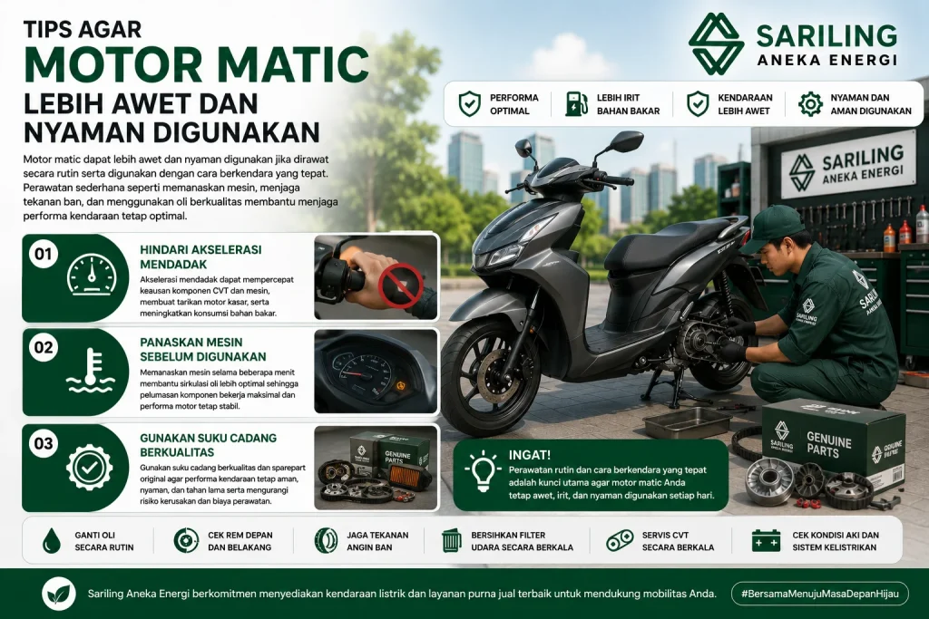 Tips agar motor matic lebih awet dan nyaman digunakan dengan perawatan rutin, pemanasan mesin, dan penggunaan suku cadang berkualitas