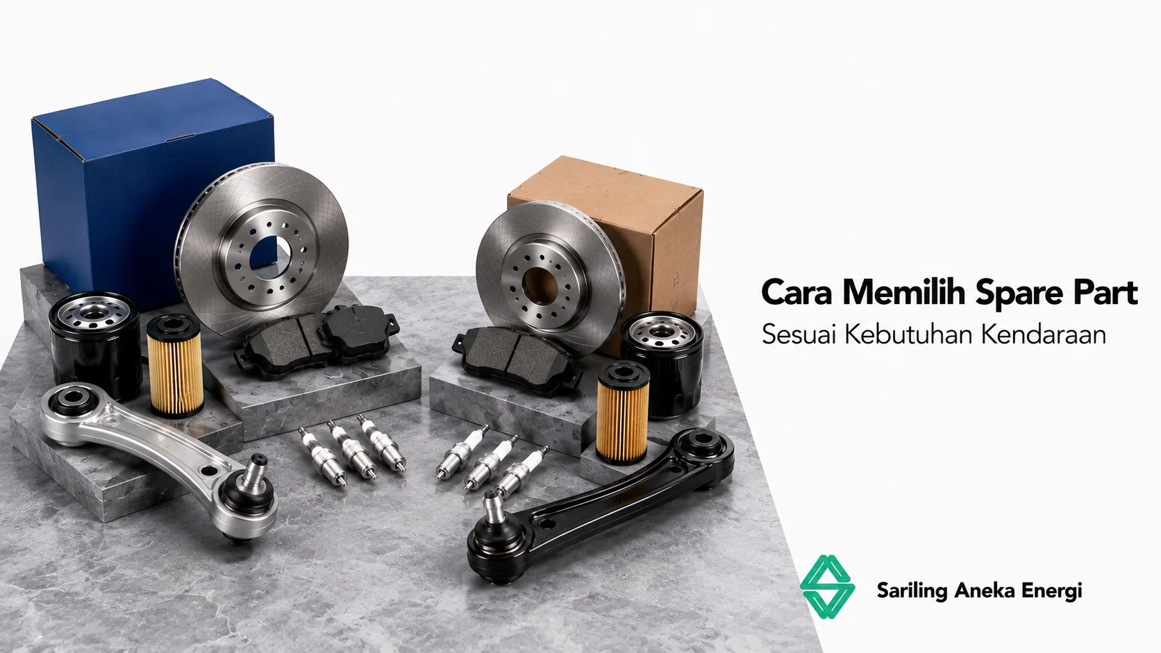 Cara memilih spare part sesuai kebutuhan kendaraan dengan perbandingan komponen original dan aftermarket seperti cakram rem, kampas rem, filter oli, control arm, dan busi yang ditampilkan berdampingan