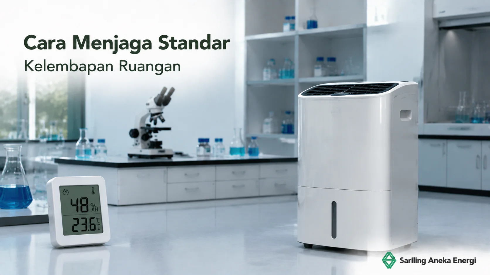 Thermo-hygrometer dan dehumidifier di laboratorium untuk menjaga standar kelembapan ruangan agar penyimpanan bahan dan peralatan tetap optimal