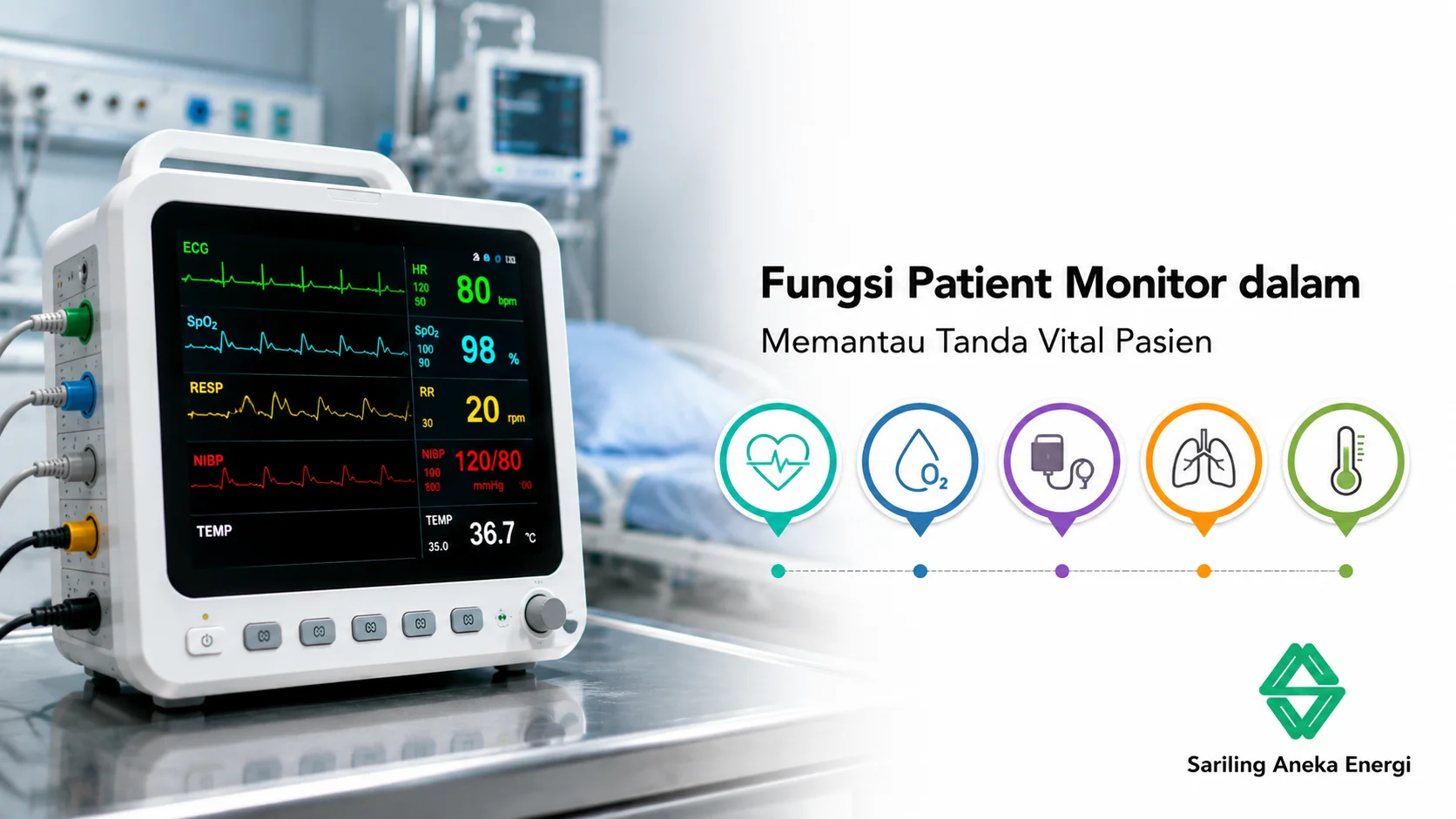 Banner fungsi patient monitor dalam memantau tanda vital pasien yang menampilkan perangkat patient monitor multiparameter modern dengan bubble ikon parameter medis di ruang rumah sakit serta logo Sariling Aneka Energi