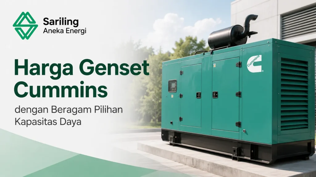 Unit generator set (genset) industri besar merk Cummins berwarna hijau yang diletakkan di luar ruangan gedung kantor. Terdapat logo Sariling Aneka Energi serta teks Harga Genset Cummins dengan Beragam Pilihan Kapasitas Daya.