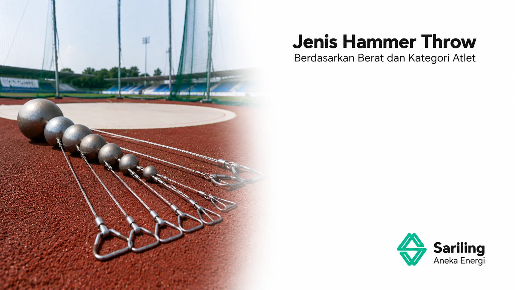 Jenis hammer throw berdasarkan berat dan kategori atlet dengan berbagai ukuran bola logam, kawat baja, dan pegangan ergonomis di lapangan atletik