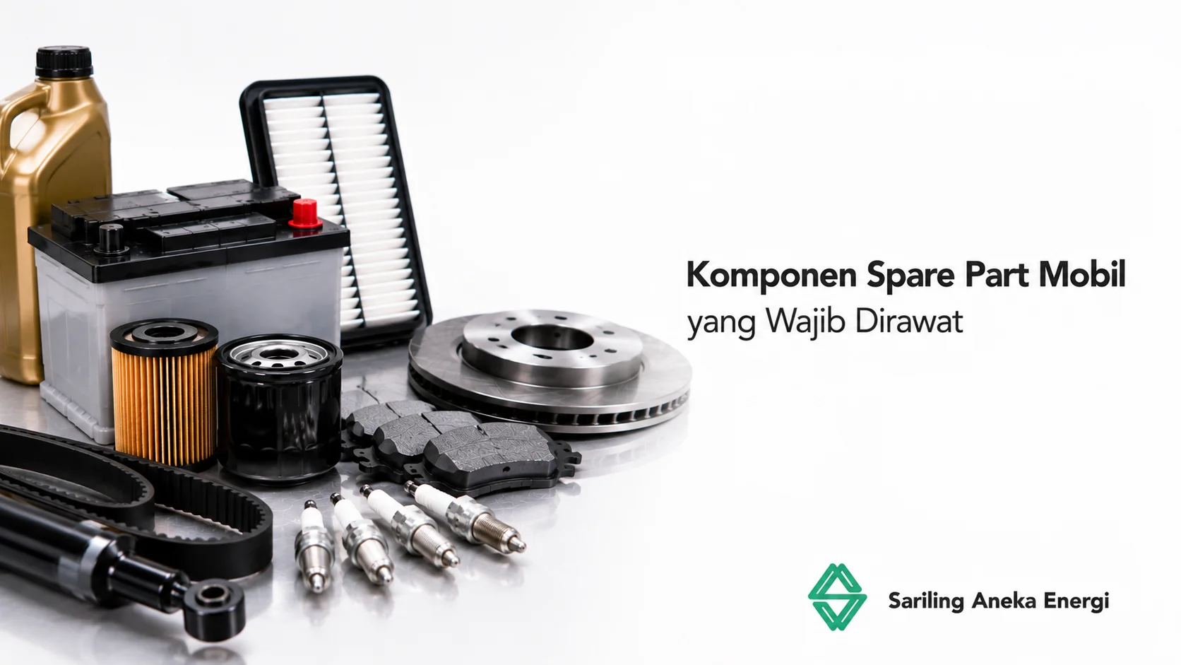 Komponen spare part mobil yang wajib dirawat secara berkala meliputi aki, filter udara, filter oli, oli mesin, kampas rem, cakram rem, shock absorber, timing belt, dan busi