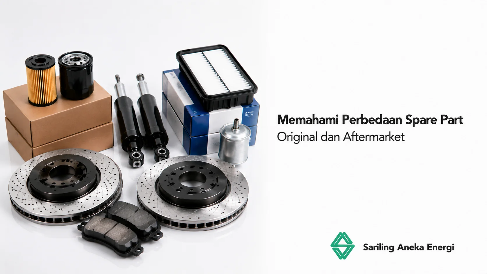 Perbedaan spare part original dan aftermarket dengan berbagai komponen otomotif seperti cakram rem, kampas rem, filter oli, filter udara, shock absorber, dan filter bahan bakar untuk membantu memilih suku cadang yang sesuai