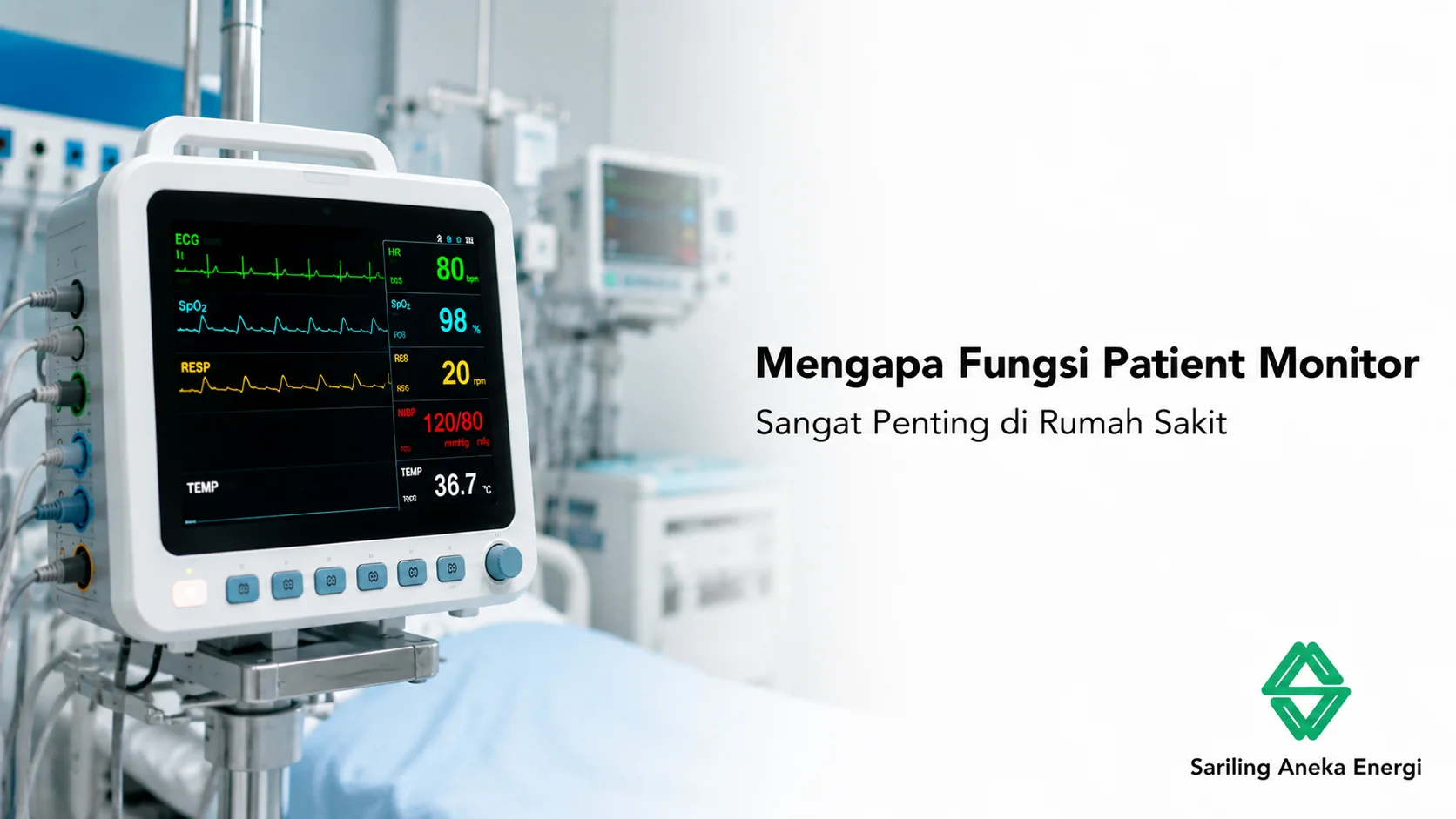 Banner mengapa fungsi patient monitor sangat penting di rumah sakit yang menampilkan perangkat patient monitor multiparameter modern di ruang perawatan intensif dengan logo Sariling Aneka Energi