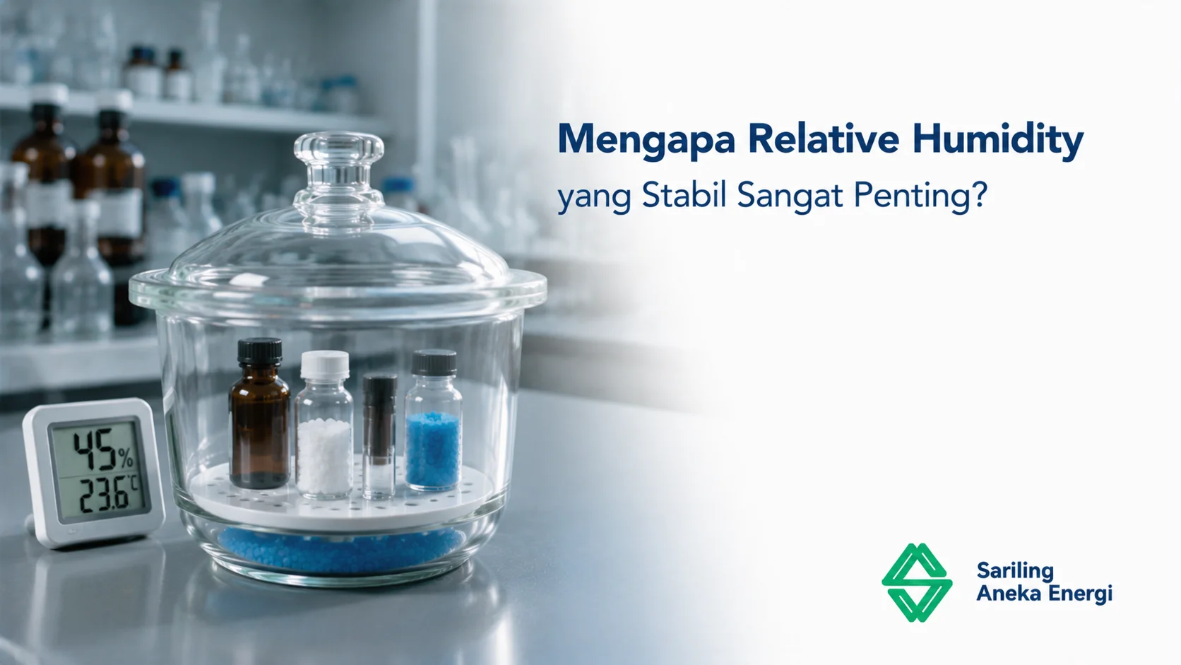 Desiccator laboratorium untuk menjaga Relative Humidity (RH) tetap stabil pada penyimpanan bahan dan peralatan sensitif