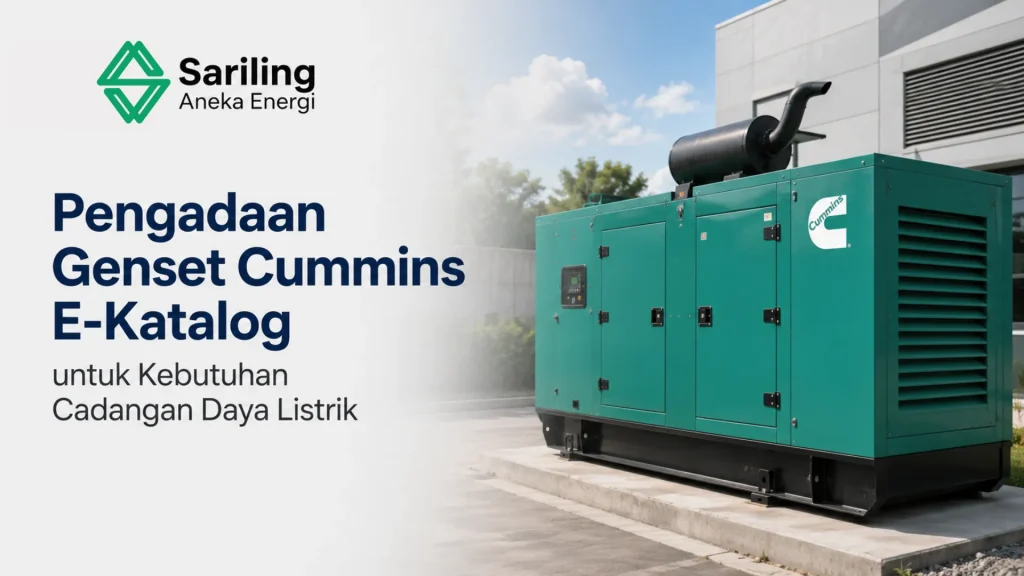 Unit generator set (genset) industri besar merk Cummins berwarna hijau yang diletakkan di luar ruangan gedung kantor. Terdapat logo Sariling Aneka Energi serta teks Pengadaan Genset Cummins E-Katalog untuk Kebutuhan Cadangan Daya Listrik.