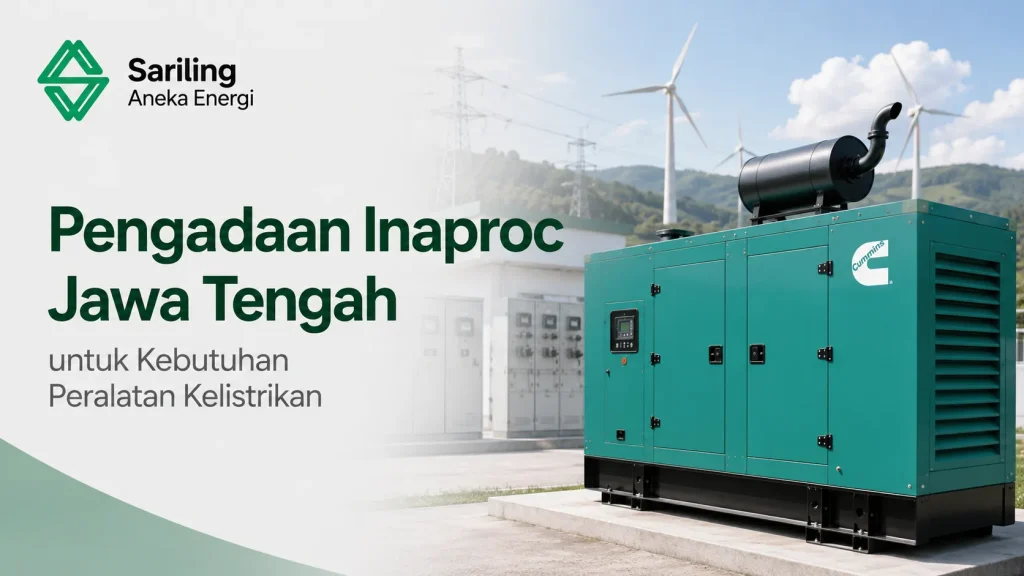 Unit generator set (genset) industri besar merk Cummins berwarna hijau di area luar ruangan dengan latar belakang kincir angin pembangkit listrik, tower transmisi, dan panel kontrol. Terdapat logo Sariling Aneka Energi serta teks Pengadaan Inaproc Jawa Tengah untuk Kebutuhan Peralatan Kelistrikan.
