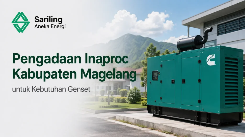 Unit generator set (genset) industri besar merk Cummins berwarna hijau di area luar ruangan dengan latar belakang bukit hijau dan langit cerah. Terdapat logo Sariling Aneka Energi serta teks Pengadaan Inaproc Kabupaten Magelang untuk Kebutuhan Genset.