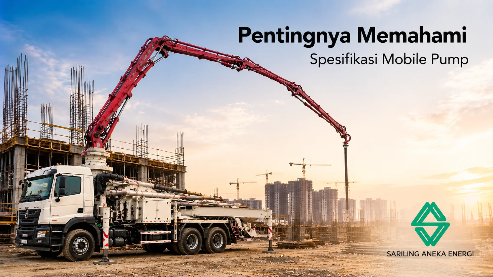 Mobile pump di area konstruksi dengan spesifikasi yang mendukung proses pengecoran beton secara efisien dan presisi