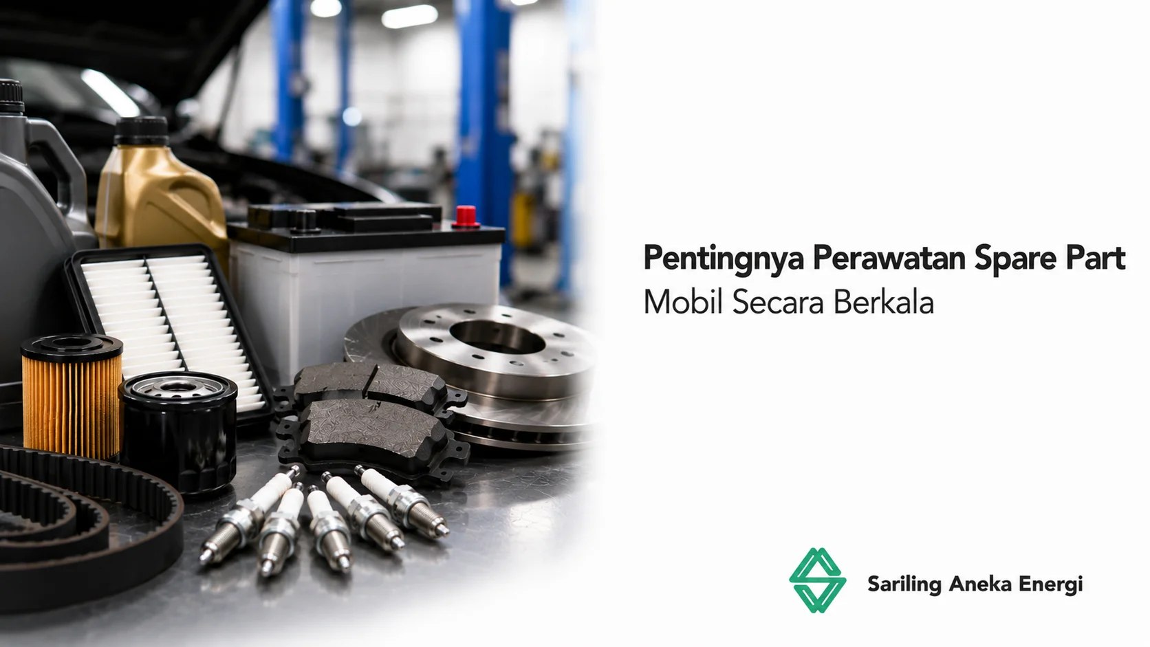 Perawatan spare part mobil secara berkala dengan komponen otomotif seperti filter udara, filter oli, oli mesin, aki, kampas rem, cakram rem, timing belt, dan busi untuk menjaga performa kendaraan