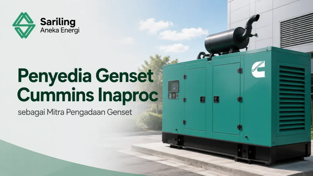 Unit generator set (genset) industri besar merk Cummins berwarna hijau yang diletakkan di luar ruangan dekat gedung. Terdapat logo Sariling Aneka Energi serta teks Penyedia Genset Cummins Inaproc sebagai Mitra Pengadaan Genset.