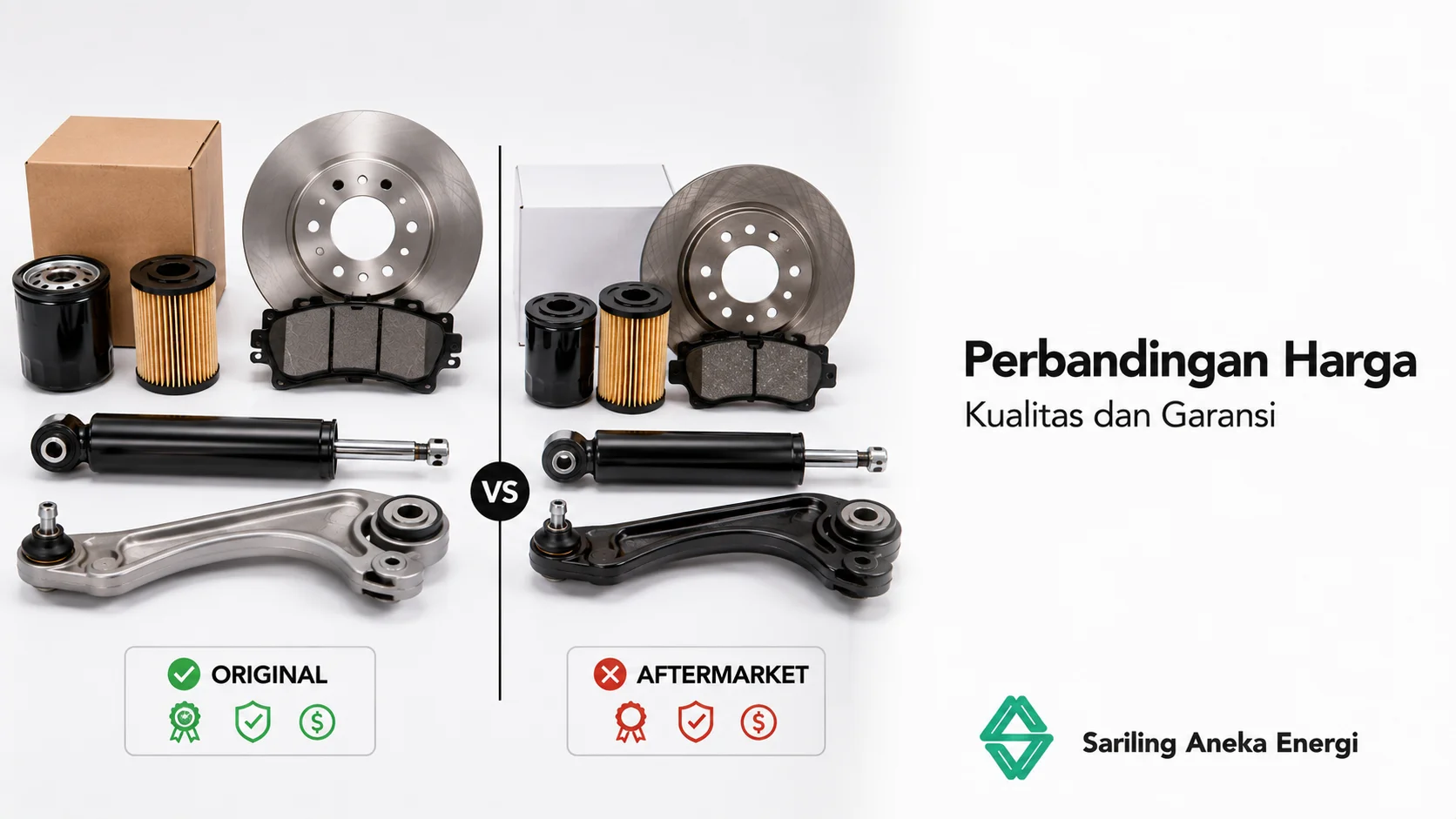 Perbandingan spare part original dan aftermarket berdasarkan harga, kualitas, dan garansi dengan komponen otomotif seperti cakram rem, kampas rem, filter oli, shock absorber, dan control arm