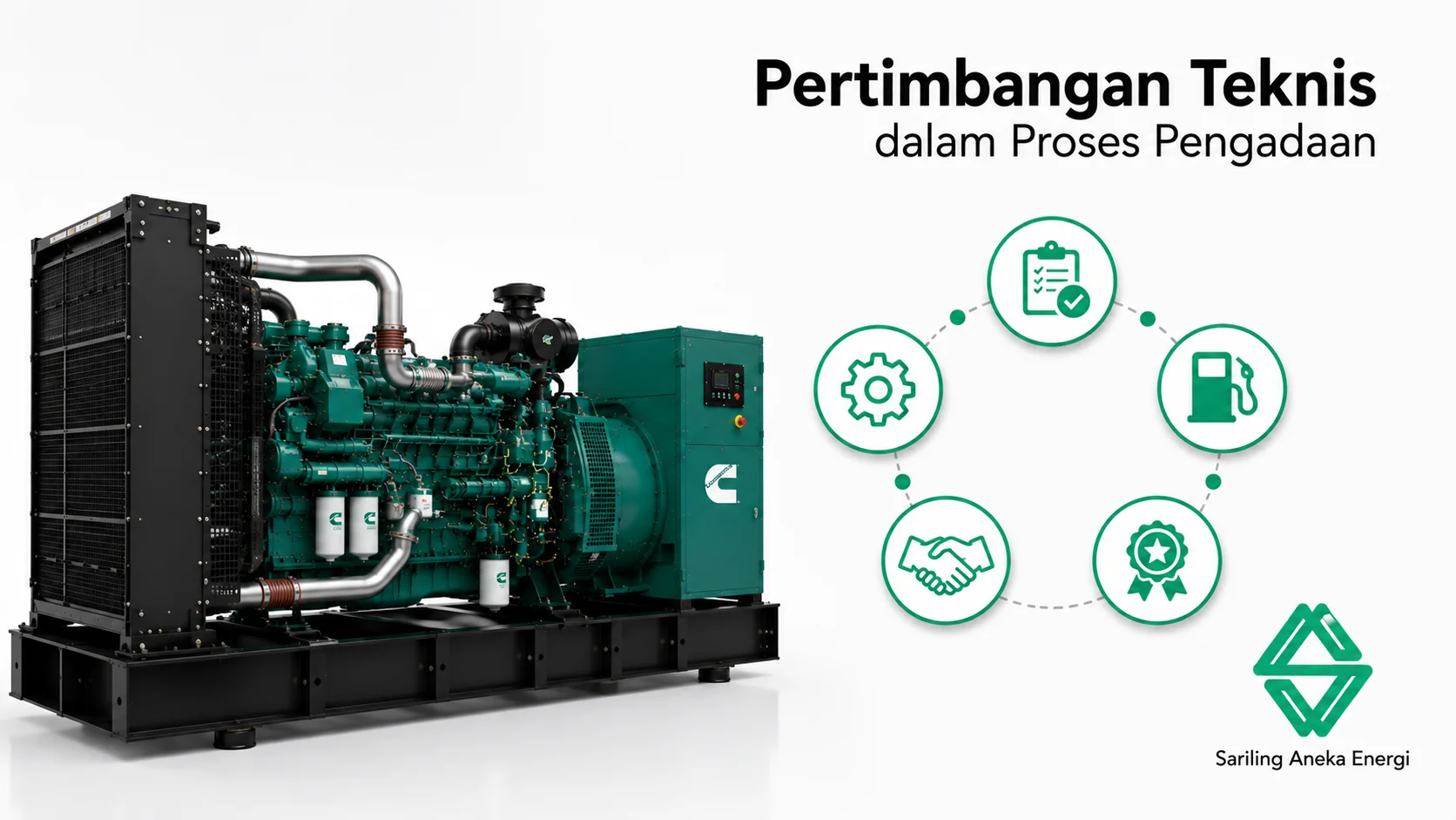 Banner pertimbangan teknis pengadaan genset Cummins dengan fokus pada spesifikasi dan evaluasi kebutuhan operasional