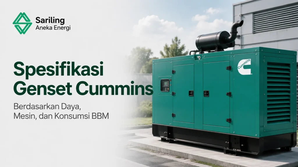 Unit generator set (genset) industri besar merk Cummins berwarna hijau yang diletakkan di luar ruangan gedung kantor. Terdapat logo Sariling Aneka Energi serta teks Spesifikasi Genset Cummins Berdasarkan Daya, Mesin, dan Konsumsi BBM.