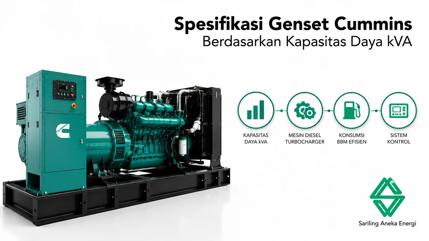 Banner spesifikasi genset Cummins berdasarkan kapasitas daya kVA dengan fitur mesin diesel dan efisiensi bahan bakar