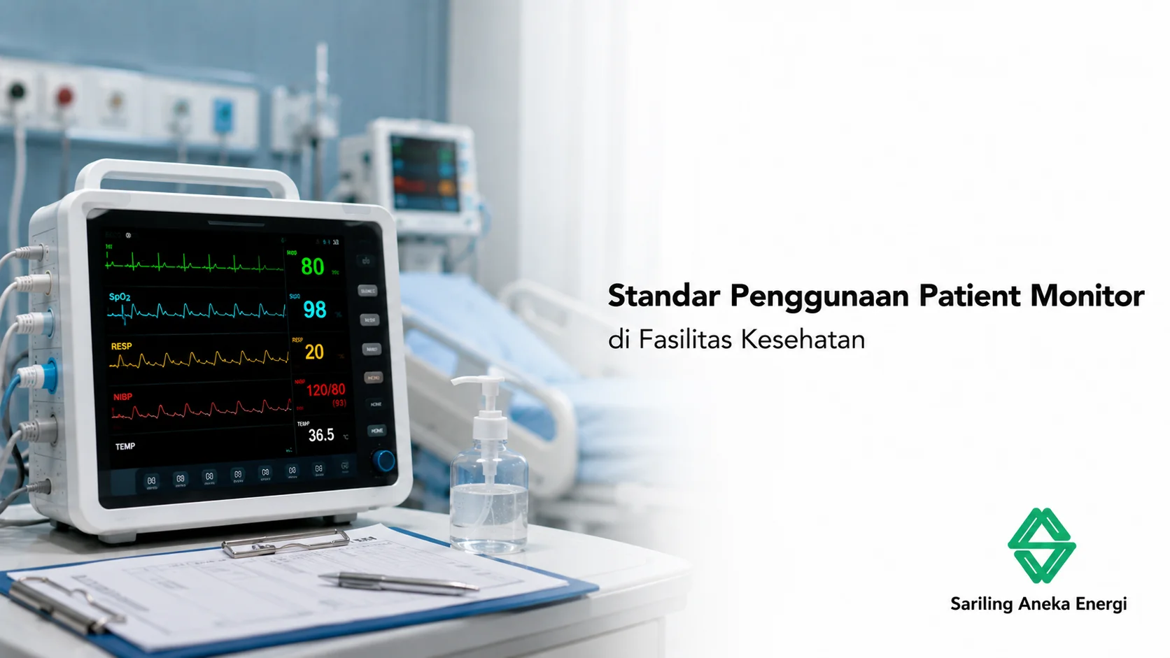 Banner standar penggunaan patient monitor di fasilitas kesehatan yang menampilkan perangkat patient monitor multiparameter modern di ruang rumah sakit dengan logo Sariling Aneka Energi