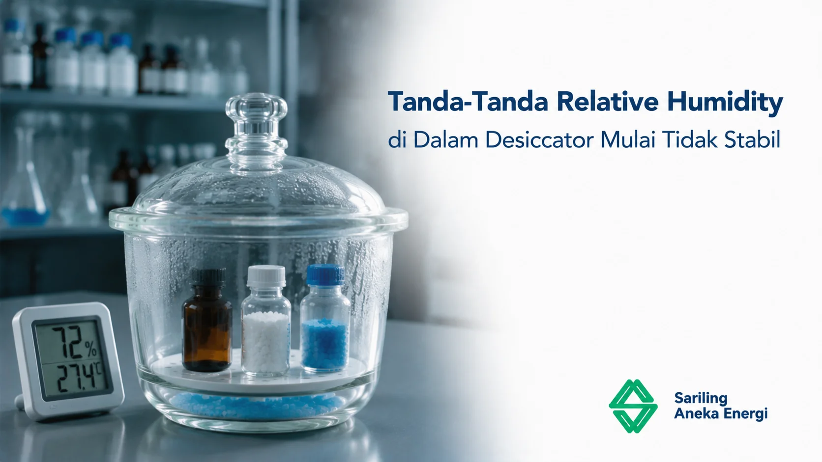 Desiccator kaca dengan indikator kelembapan dan silica gel yang menunjukkan kondisi relative humidity untuk menjaga stabilitas penyimpanan material di laboratorium