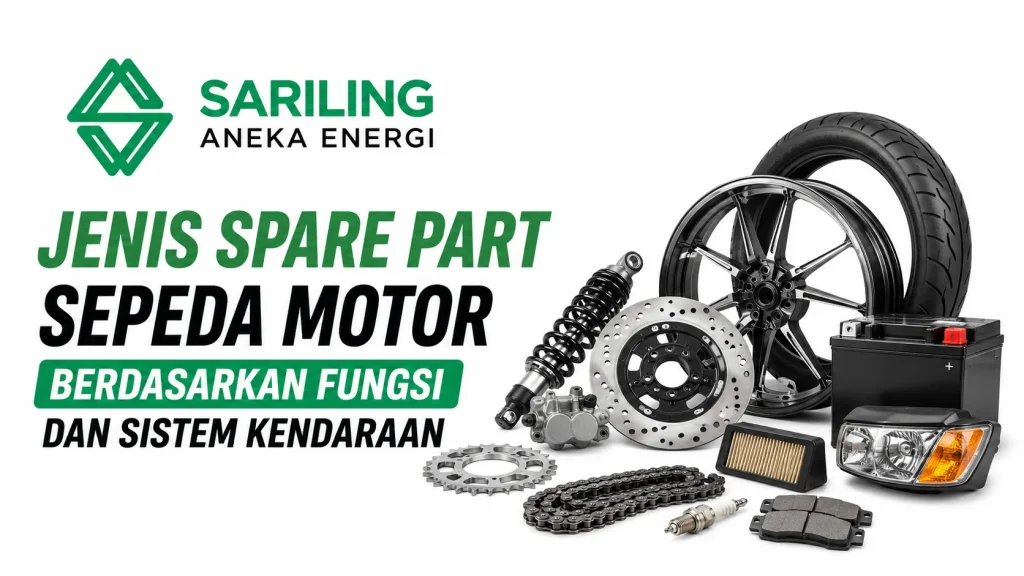 Ilustrasi jenis spare part sepeda motor berdasarkan fungsi dan sistem kendaraan untuk perawatan dan penggantian komponen dengan logo Sariling Aneka Energi.