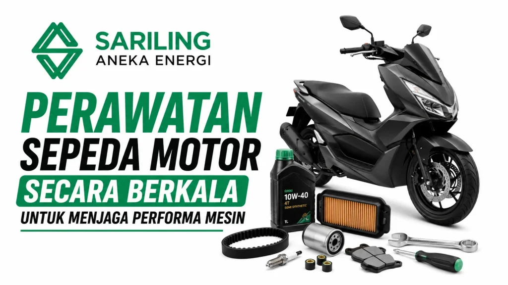 Ilustrasi perawatan sepeda motor berkala menggunakan berbagai komponen dan peralatan servis untuk menjaga performa mesin tetap optimal.