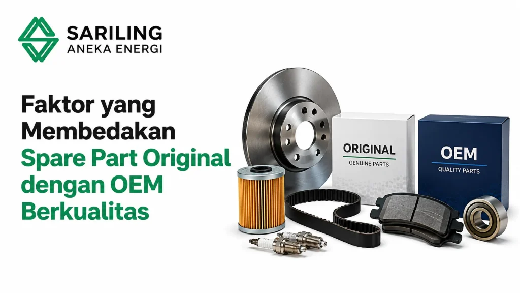 Ilustrasi perbedaan Spare Part Original dan OEM berkualitas pada komponen kendaraan dengan logo Sariling Aneka Energi